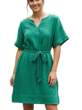 Green Gauze Belted Mini Dress Pockets Relaxed Fit Medium